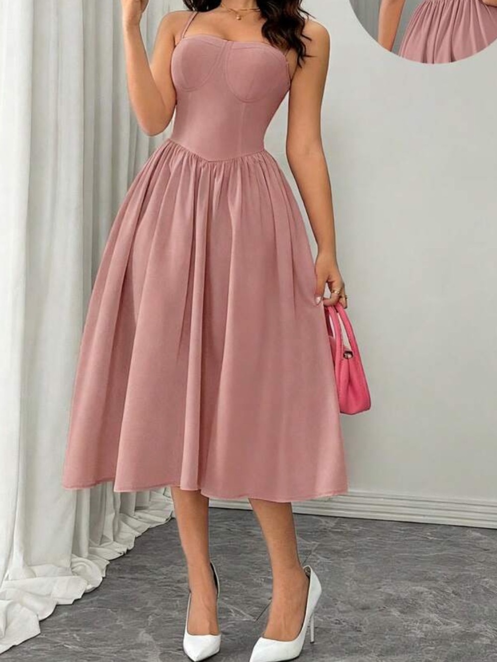 NWOT Spaghetti Strap Dusty Rose Midi Dress with Fitted Bodice
